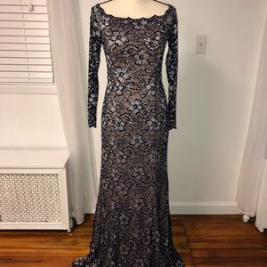 Navy Blue Lace Long Sleeve Off the Shoulder Dress